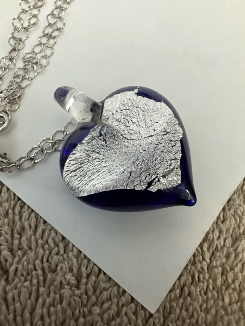 SOLD Milros Blue Murano Glass Foil Heart Pendant Necklace 14K White Gold Chain - Picture 2 of 13